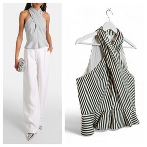 Veronica Beard Drey Striped Halterneck Cotton Top Gray White NWT Size 10 USA